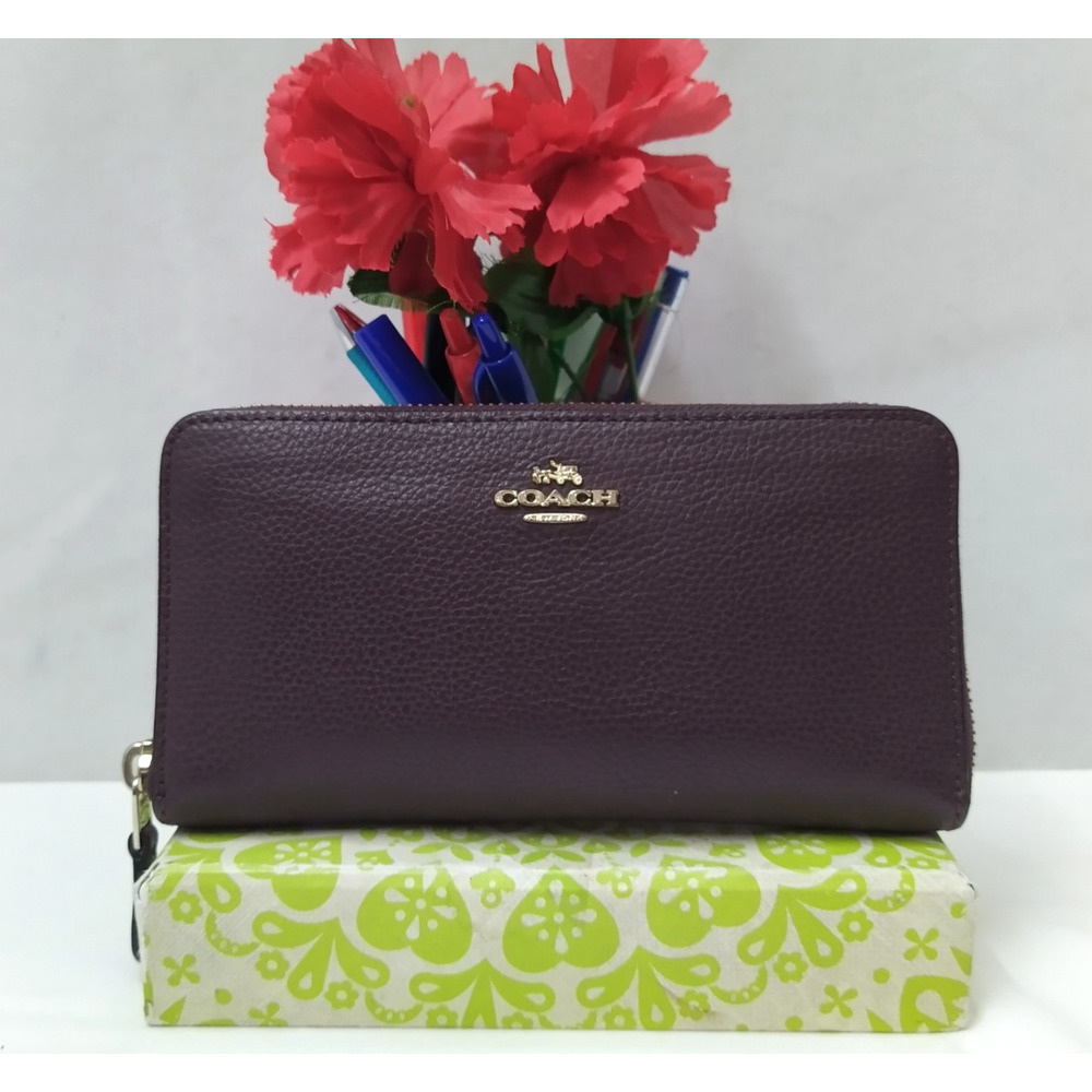 Coach Dark Purple Pebbled Leather Zip Around Credit Card Wallet